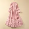 2023 Otoño Rosa Color sólido Paneles de punto Vestido de tul Manga larga Soporte Cuello Botones De un solo pecho Largo Maxi Vestidos casuales S3O261026