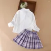 Conjuntos de ropa para niños y niñas, traje de 2 uds., uniforme escolar de manga larga para primavera y otoño, camisa blanca, faldas a cuadros, ropa para niños