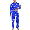 Vêtements de nuit pour hommes Pyjamas imprimés singe manches longues bleu et blanc 2 pièces ensemble décontracté printemps homme motif kawaii