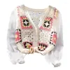 Blusas de mujer Vintage Crochet Crop Top Cardigans Sexy blusa con cuello en V Tops camiseta de punto