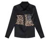 Kvinnors blusar fanieces chiffon svarta kvinnor skjortor leopard lapptäcke diamanter lång ärm lapel knapp-up blusas chic camisas e