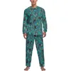 Vêtements de nuit pour hommes Pyjamas imprimés singe manches longues bleu et blanc 2 pièces ensemble décontracté printemps homme motif kawaii