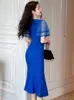 Temel Sıradan Kadın Elbiseler Yaz Fransız Tarzı Zarif Kadın Maksi Elbise Mavi Şafak Örgü Parlama Kolları Sargısı Kalça Balık Kuyrusu Kadın Partisi Prom Club Vestido 2024