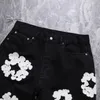 denim teers Shorts Jeans Flower Printed WREATH Jeans Diamond Denim Shortpants Slim Streewear Button Fly S Black Light Wash Blue Button Fly Jeans 328