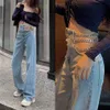 Nowe modne kobiety seksowne łańcuchy wysokiej talii patchworkowe jeansy dżinsy puste szerokie nogi luźne spodnie spodnie s m l2551