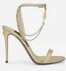 العلامة التجارية الأنيقة Calfskin Women Keira Sandals Shoes Charm-Embilled Chain and Lock Shiletto Heels Lady Party Wedder Dress Lady Footwear EU35-42