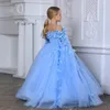 Flicka klänningar prinsessablomma för bröllop 3D Applique Tulle off axel Kid Birthday Party First Communion Christmas Ball Gown