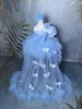 Sukienki dla dziewczynki puszysty jedno ramię niebieski kwiat tiulowe marszczenia ślubne przyjęcie urodzin