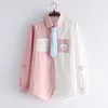 Women's Blouses Japanese Preppy Style Kawaii Blouse Teen Girls Tops Cute Bear Print Long Sleeve School Uniform Button Down Tie Front Pink