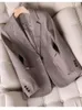 女性のスーツ秋の冬グレーブラウン格子縞の女性ブレザー長袖シングルボタンオフィスレディースビジネスワークフォーマルジャケット