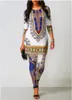 Kvinnors tvåbitar byxor Kvinnor Casual Fashion Dashiki Tribal Suit 2 African Ethnic Printed Outfits 3/4 Sleeve Tops Shirt and Leggings Romper