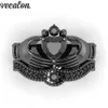 Vecalon Ny kvinnlig svart Birthstone Claddagh -ring 5A Zircon CZ Black Gold Filled Party Wedding Band Ring Bridal Set for Women281m