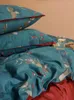 Beddengoedsets Vierdelig katoensatijn Blauwe plant Bloemen Bedrukken en verven Dubbelzijdig Kleuraanpassing Thuis Textiel Dekbedovertrek 1,8M