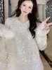 Casual jurken 2023 Winter zware industrie Super Flash strass gebreide jurk met ronde hals Losse oversized lange trui-outfits