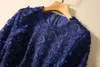 2023 Herbst Blau Blumen Spitze Stickerei Kleid 3/4 Ärmel Rundhals Strass Midi Casual Kleider S3S130914