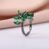 Anéis de cluster preto ouro-cor dedo com zircão verde folha de primavera folhas micro pavimentado cz festa de casamento anel de presente para mulheres