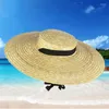 Sombreros de ala ancha Verano Paja áspera Tapa plana Sombrero de corbata grande Playa elegante para mujer