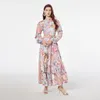 Lykta ärm Vintage Print Maxi Dress Robes Women Designer Lapel Button Slim Ruched Ruffles Elegant Dresses 2023 Autumn Winter Stand Collar Vacation Party Frocks