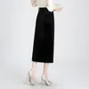 Skirts Vintage Chinese Button High Waist Pleuche Bodycon Black Skirt Fall Winter Women Elegant Slim Split Long Office Lady 22897