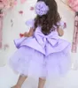 Abiti da ragazza Abito da sposa in tulle gonfio di raso viola chiaro a strati con fiocco grande Abiti da ballo per feste di compleanno per bambini Abiti natalizi per bambini