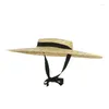 Sombreros de ala ancha Verano Paja áspera Tapa plana Sombrero de corbata grande Playa elegante para mujer