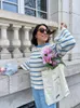 Women's Sweaters Striped Knitted Sweater Pullover Long Flare Sleeve Loose Contrasting Colors Autumn Elegant Winter