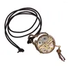 Montres de poche Antique boule de verre Bronze ton boîtier mécanique main vent montre pour hommes avec collier en cuir marron chaîne pendentif cadeau