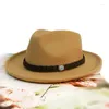 Basker lilla vridning kant breda brim kaffe läder turkos band kvinnlig kvinnlig ull filt cap fedora panama jazz bowler hatt 57 cm