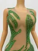 Stage Wear Sexy Green Rhinestones Nude Transparent Dress Birthday Celebrate See Through Outfit Evening Women Performance Poshoot