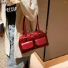 Evening Bags 2023 Retro Red Women's Totes Satchel Hobo Bag Patent Leather Multi Pocket Luxury Designer Handbags Female Shoulder Underarm