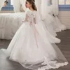 Flickaklänningar Flower Tulle spetsdekalspår sjal prinsessa bröllop elegant barns första eukarist födelsedagsfest klänning