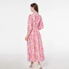 Floral Pink Boho Maxi Dress Women Designer Lantern Sleeve Bow Lace Up Elegant Long Dresses Vacation Robes 2023 Autumn Winter Stand Collar Runway Slim Party Frocks