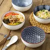 Tigelas estilo nórdico cerâmica grande anti-queimadura utensílios de mesa de pé alto ramen 6 polegadas macarrão cor tigela underglaze alívio de sopa doméstica