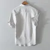 メンズカジュアルシャツデザイナーチャイニーズスタイルコットンリネンシャツメンズ半袖白いレトロ通気性のある衣類のトップスのための白いプリント