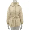 Women's Down Women Jacket Casual Hooded Parkas Fashion Winter Coats Elegant Tie Belt AryGle Cotton Jackets kläder