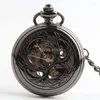 Pocket Watches High Quality Vintage Black Hollowed Roman Dial Mechanical Hand Wind Watch Antique Skeleton Men grossist