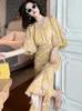 Basic Casual Damesjurken Zomer Maxi-jurk voor Dames Elegant Zoet Chic Chiffon Pofmouwen Trekkoord Onregelmatige Ruches Gewaad Femme Feestjurk 2024