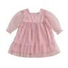 Girl Dresses Pudcoco Kids Baby Fall Dress Long Sleeve Square Neck Solid Color Mesh Casual Smocked 1-5T