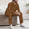 Fatos masculinos leopardo impressão animal pele de manga comprida conjunto de pijama com flanela de algodão calças masculinas e manga longa