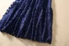 2023 Herbst Blau Blumen Spitze Stickerei Kleid 3/4 Ärmel Rundhals Strass Midi Casual Kleider S3S130914