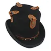 BERETE 15cm Black Steampunk Top Hat Wool女性男性手作りミリーナリーFedoraゴーグルパーティーコスプレキャップSM L XL