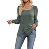 Women's Tanks Women Fashion Ribbed T-Shirts Solid Color Square Neck Buttons Puff Long Sleeve Shirts Spring Fall Casual Loose Fit Tops