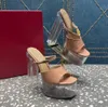 Damen-Absätze, klare Kristall-Mule-Hausschuhe, Slides, Sandalen, Plateau-Pumps, klobiger Blockabsatz, 155 mm, Damen-Designer-Abendschuhe mit Box