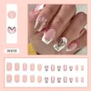 Uñas postizas 24 piezas Corazón Blanco Falso Brillo usable Bailarina Uñas francesas con pegamento Puntas cortas cuadradas Cubierta completa Presione en