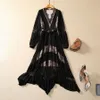 2023 Autumn Black Floral Lace Belted Chiffon Dress Long Sleeve V-Neck Pleated Asymmetry Midi Casual Dresses S3O261026