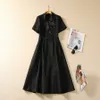 2023 Autumn Black Solid Color Panelled Tweed Dress Short Sleeve Notched-Lapel Buttons Midi Casual Dresses S3S200921