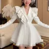 Casual Dresses Spring Autumn Women White Long Sleeve notched Collar Ruffles Mini Dress Korean Ladies Mesh Patchwork Blazer Vestidos