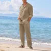 Fatos masculinos camisas clássicas e calças de duas peças ternos homens casuais cor sólida lapela manga longa outfits mens outono vintage algodão linho