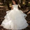 Girl Dresses Flower Dress Champagne Fluffy Layered Tulle Sleeveless Bow Belt Wedding Elegant Child Birthday Eucharist Party