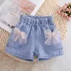 Shorts d'été créatifs pour filles, chemises bleues décorées avec nœud papillon, pantalons décontractés avec poches, Jeans Kawaii, vêtements pour enfants